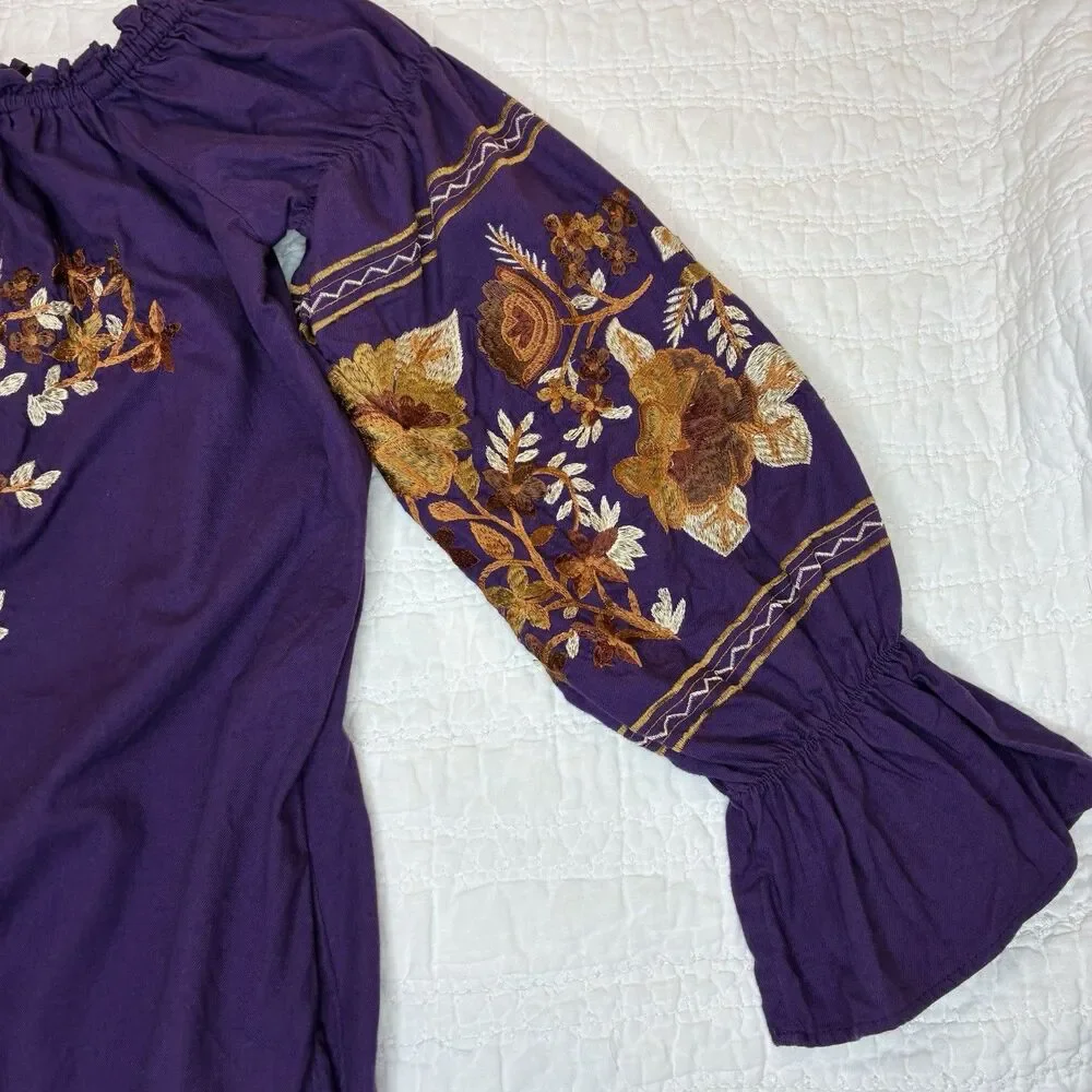 Free People purple mini dress S embroidered off-shoulder boho peasant romantic‎
